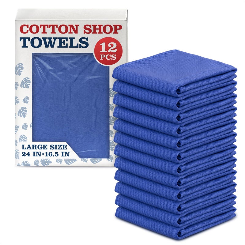 Reluen Huck Towels -12 Pack 24"x16.5" Cotton Blue Shop Towels - Large Cotton Rags for Cleaning, Reusable Cloths for Kitchen, Bar, Garage, Housekeeping | Absorbent Cleaning Cloths for Wiping & Polishing - Image 1